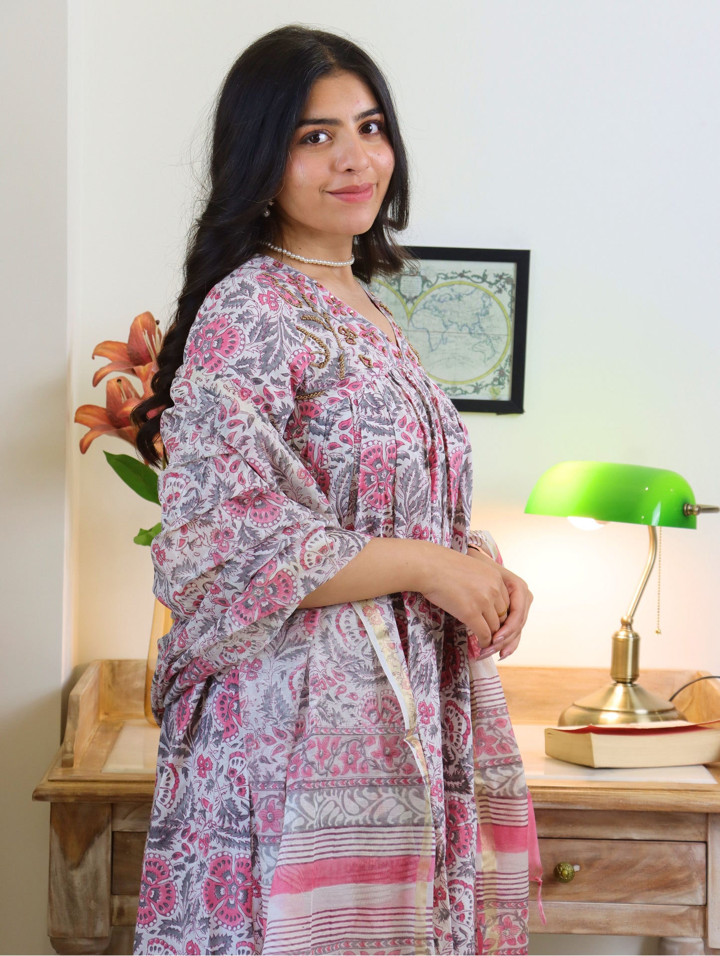 Pink and Gray Hibiscus Gathered A-Line Kurta Set