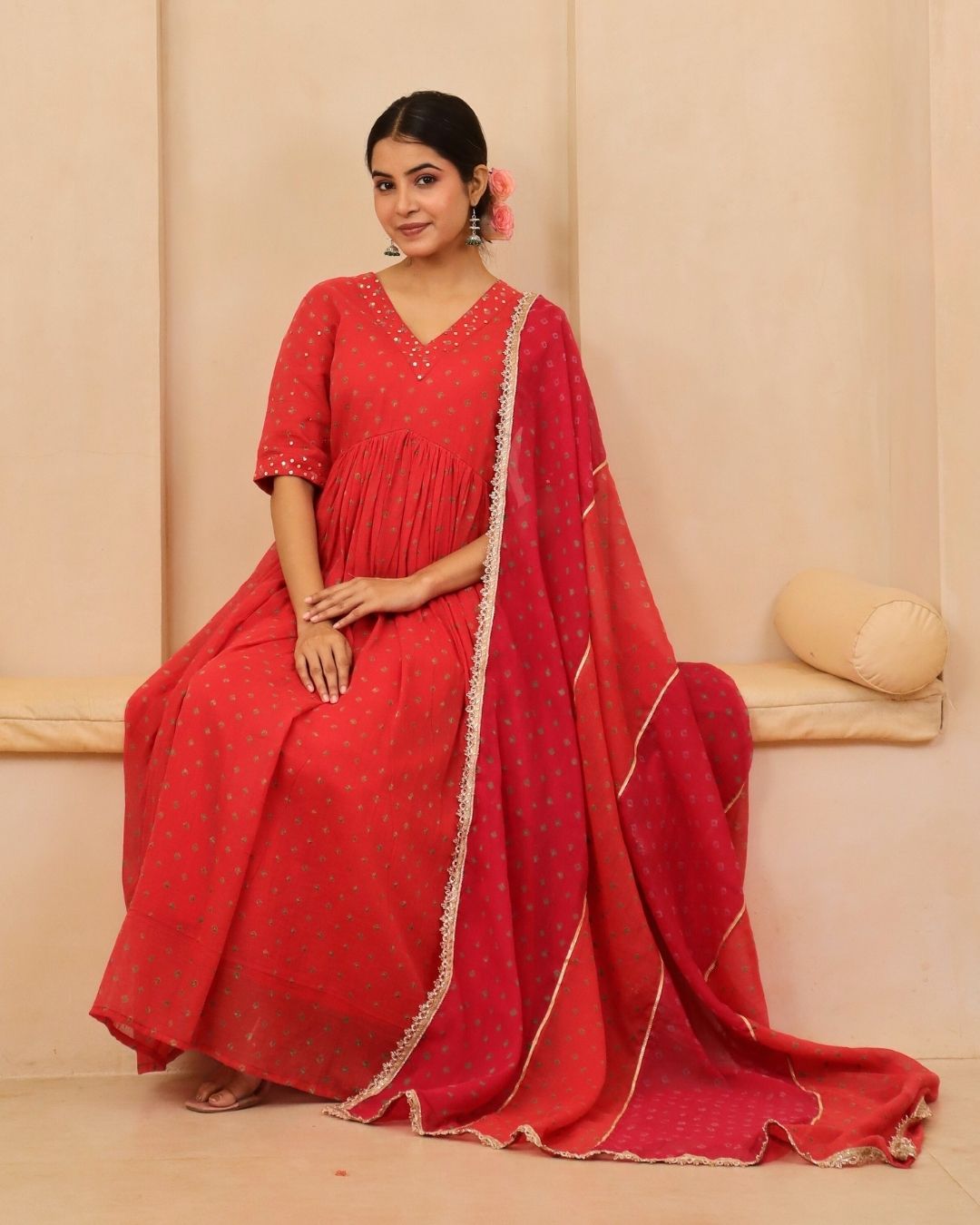 Aaranyaa - Peach & Crimson Bandhani Hand Embroidered Anarkali Mulmul Suit - Set of 3