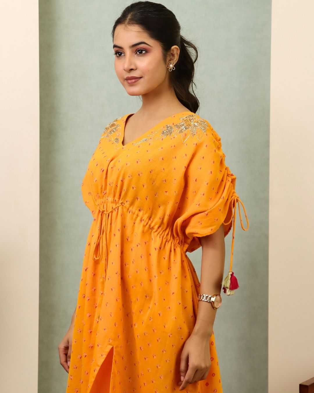 Lakshita - Yellow Bandhani Hand Embroidered Floor Length Kaftan