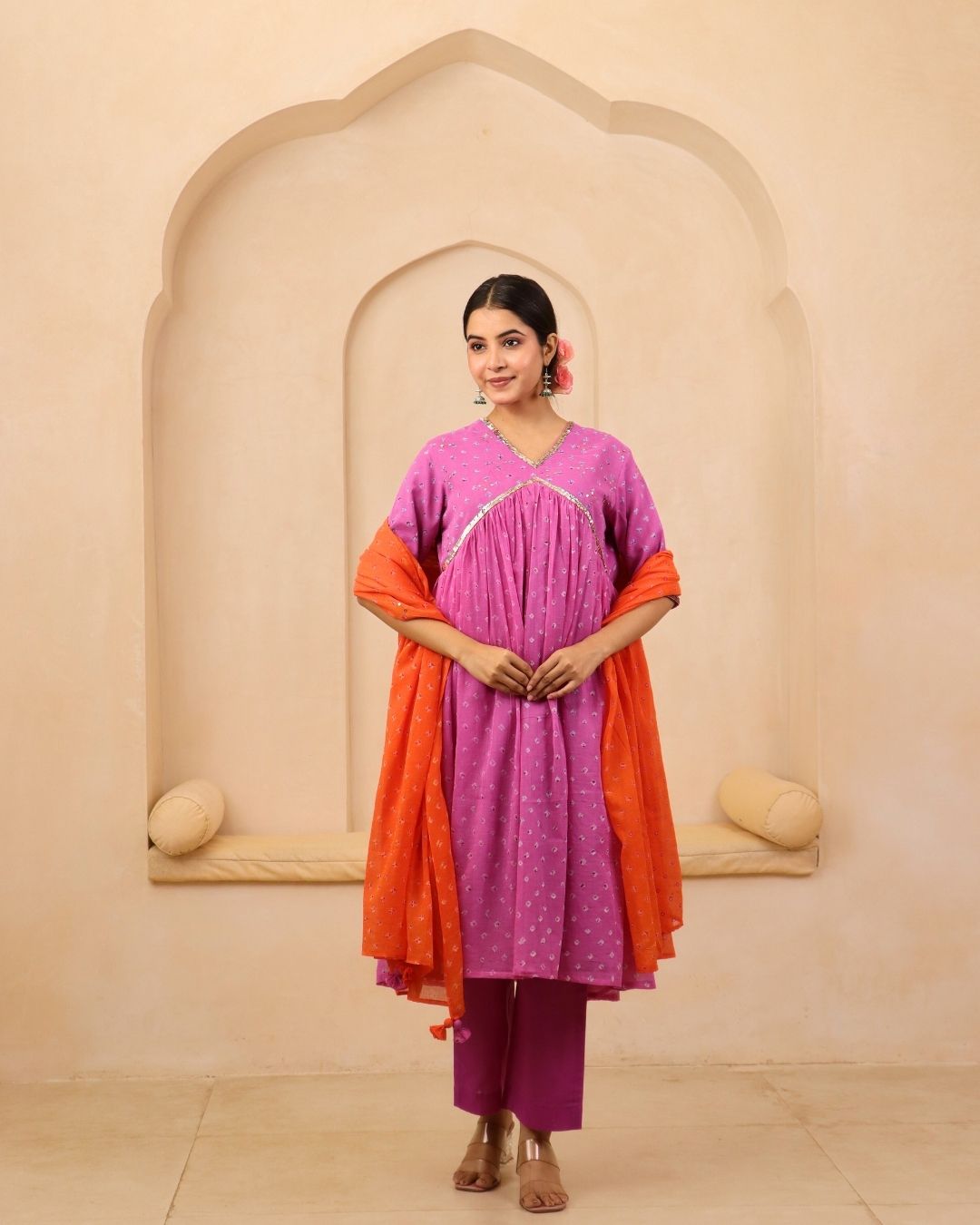 Mallika - Lavender Pink and Orange Bandhani Hand Embroidered Anarkali Fit & Flare Suit - Set of 3