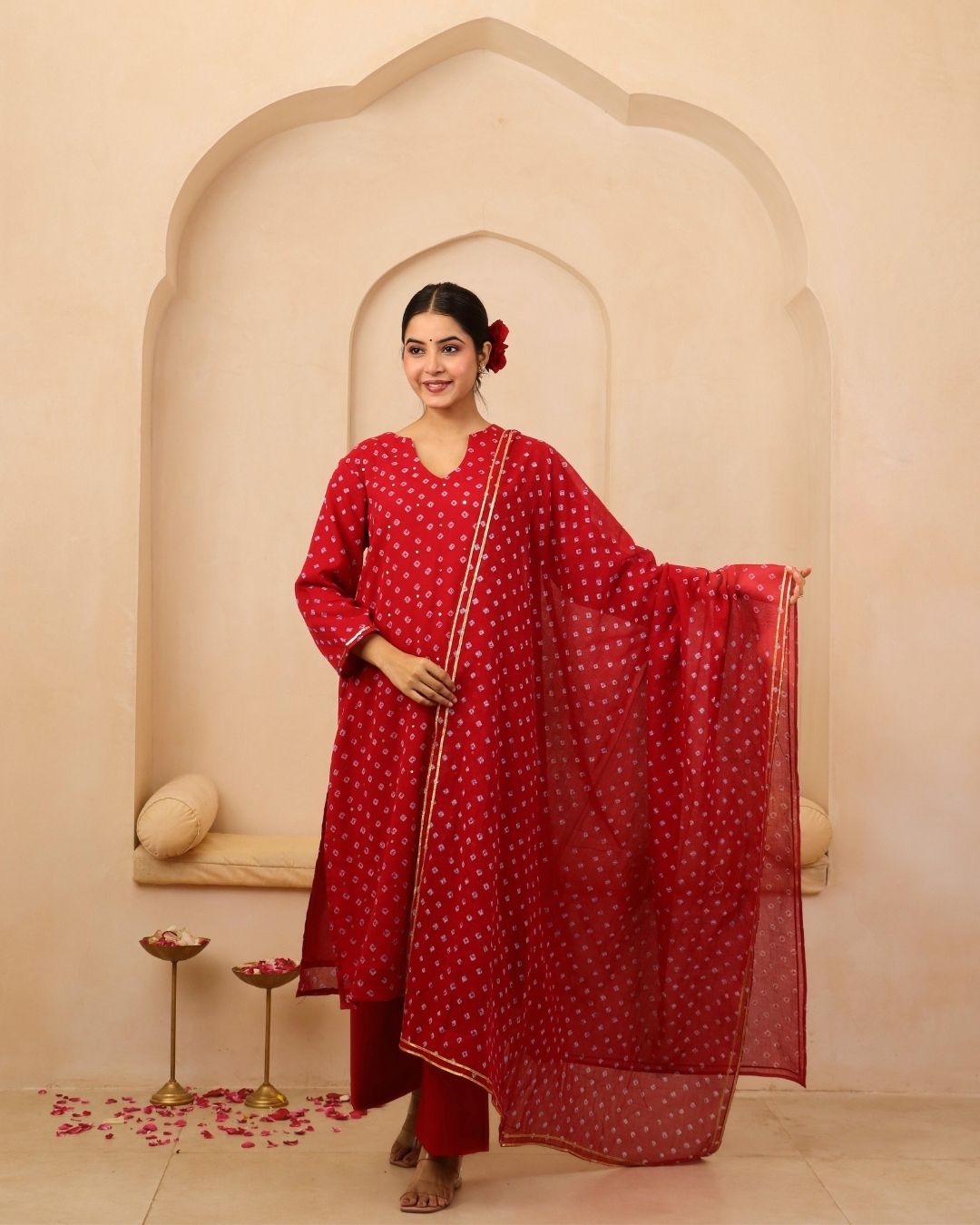 Mehira - Red Bandhani Hand Embroidered Straight Kurta Mulmul Suit - Set of 3