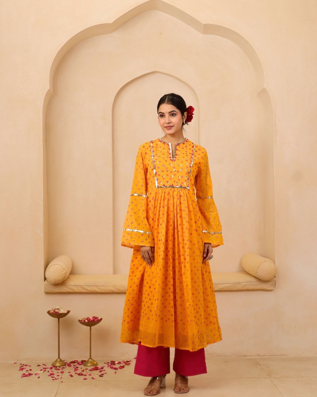 Vindeshwari - Tri-color Bandhani Hand Embroidered A-line Gathered Mulmul Suit - Set of 3