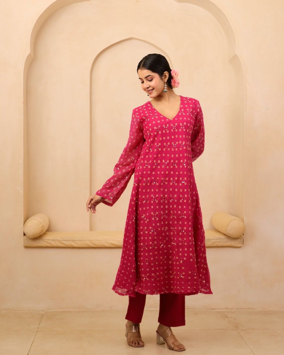 Neyara - Rani Pink Bandhani Hand Embroidered Bias Flared A-line Mulmul Suit - Set of 3