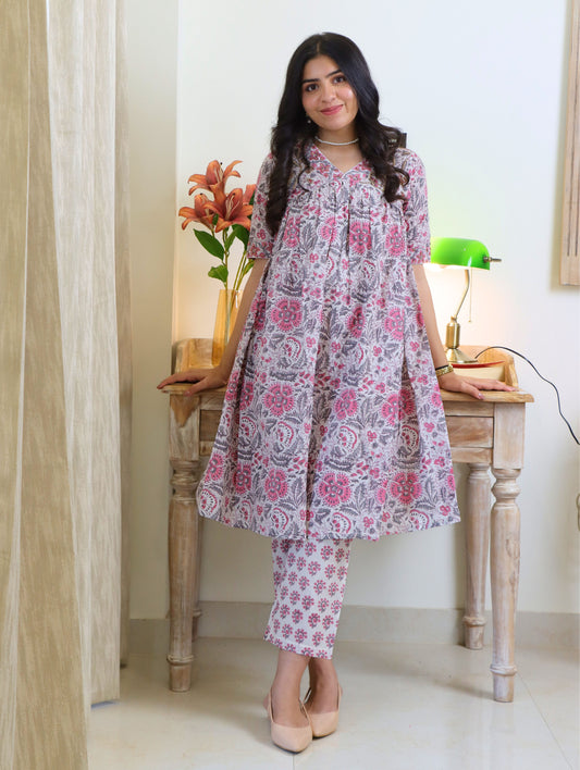Pink and Gray Hibiscus Gathered A-Line Kurta Set