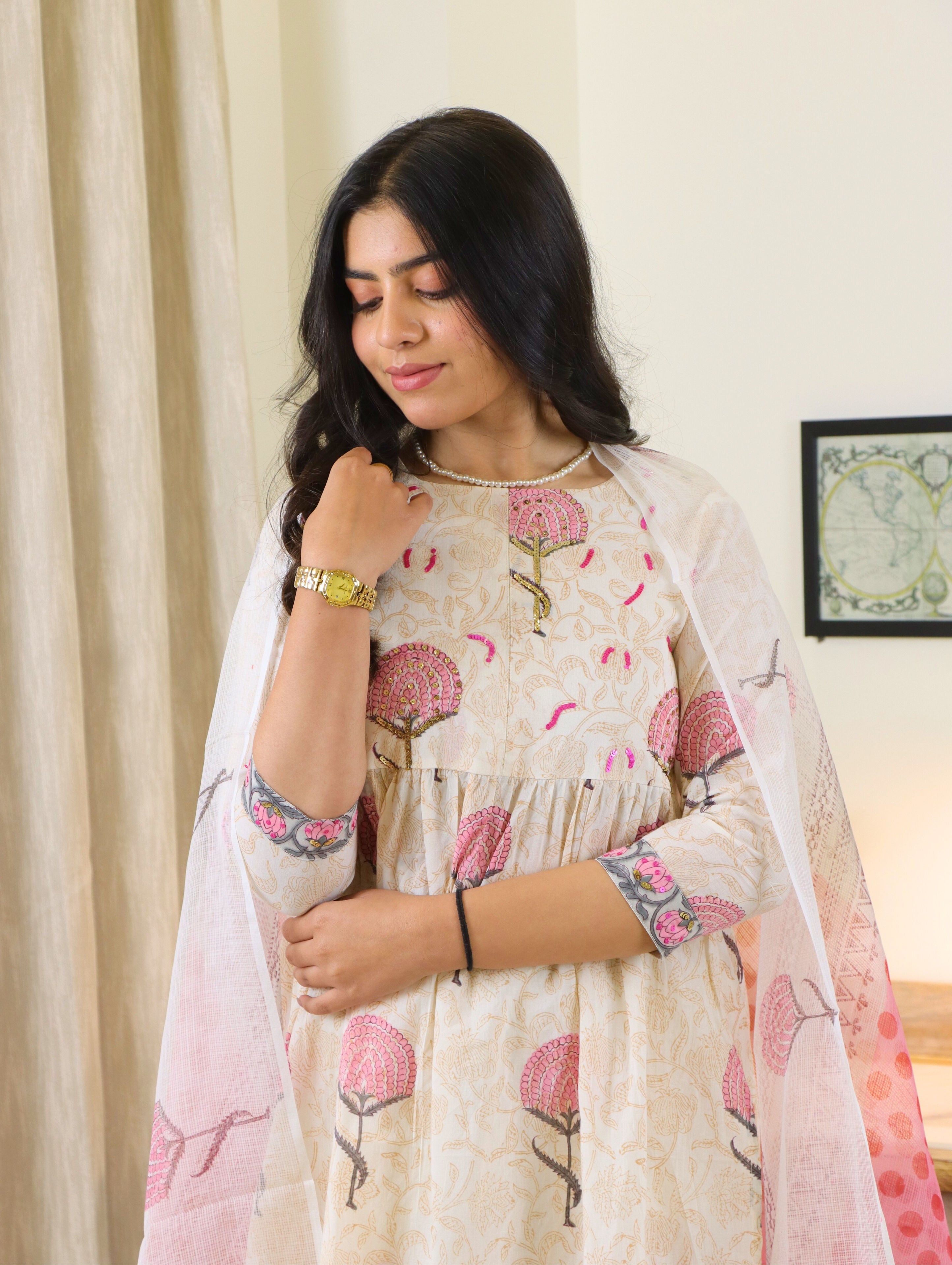 Peonies and Lotus Gathered Fit and Flare Kurta Set with Side Slits