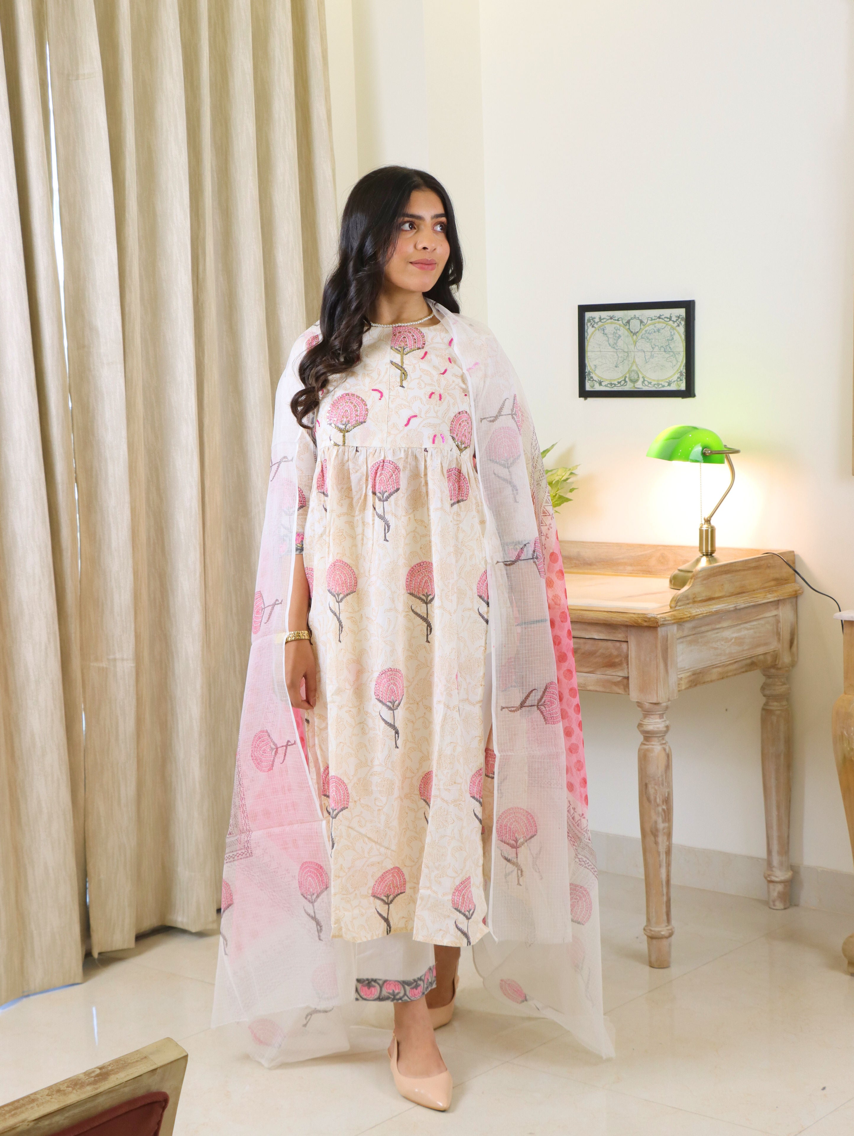 Peonies and Lotus Gathered Fit and Flare Kurta Set with Side Slits