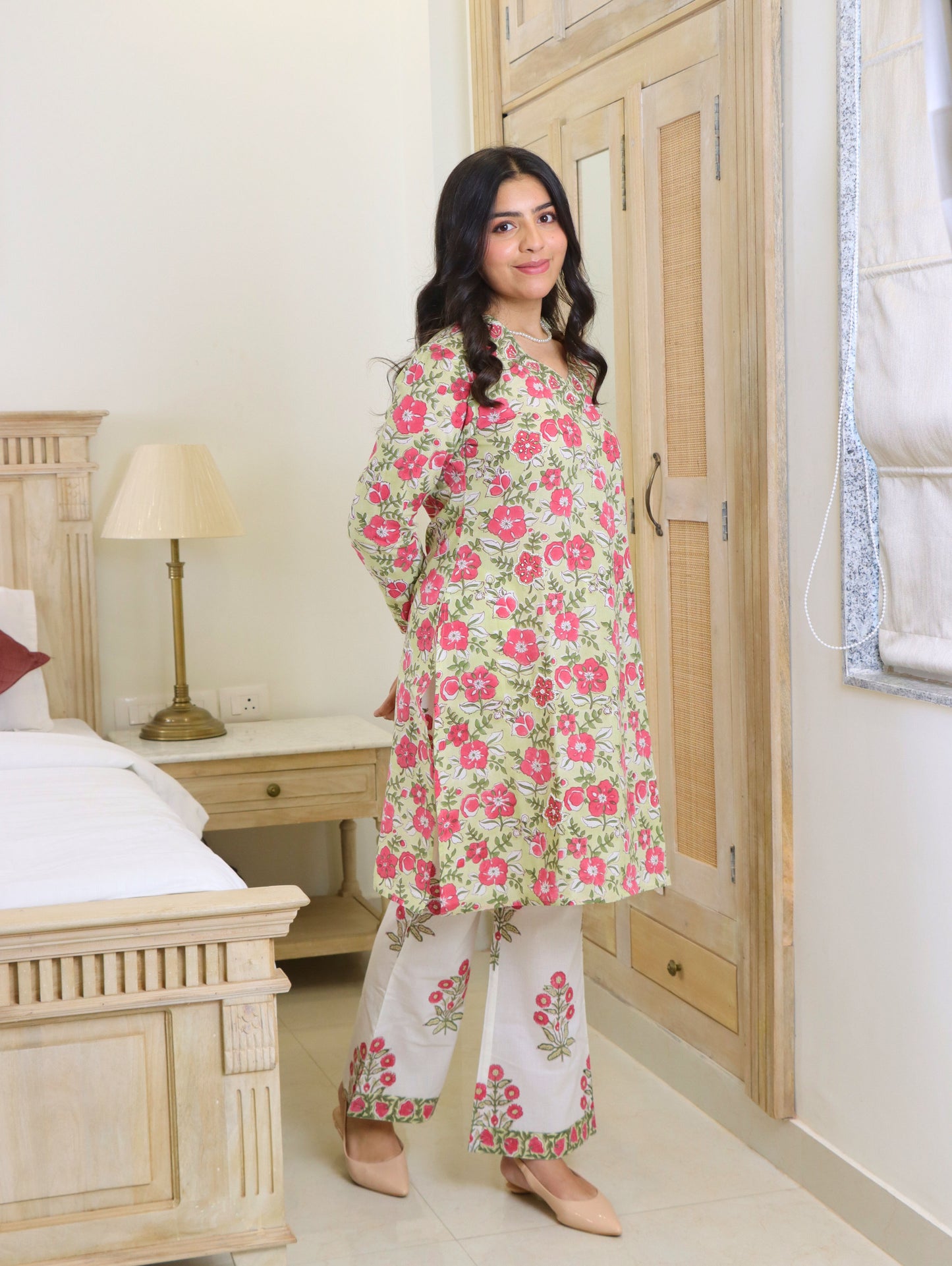 Green Hibiscus Short Straight Kurta Set