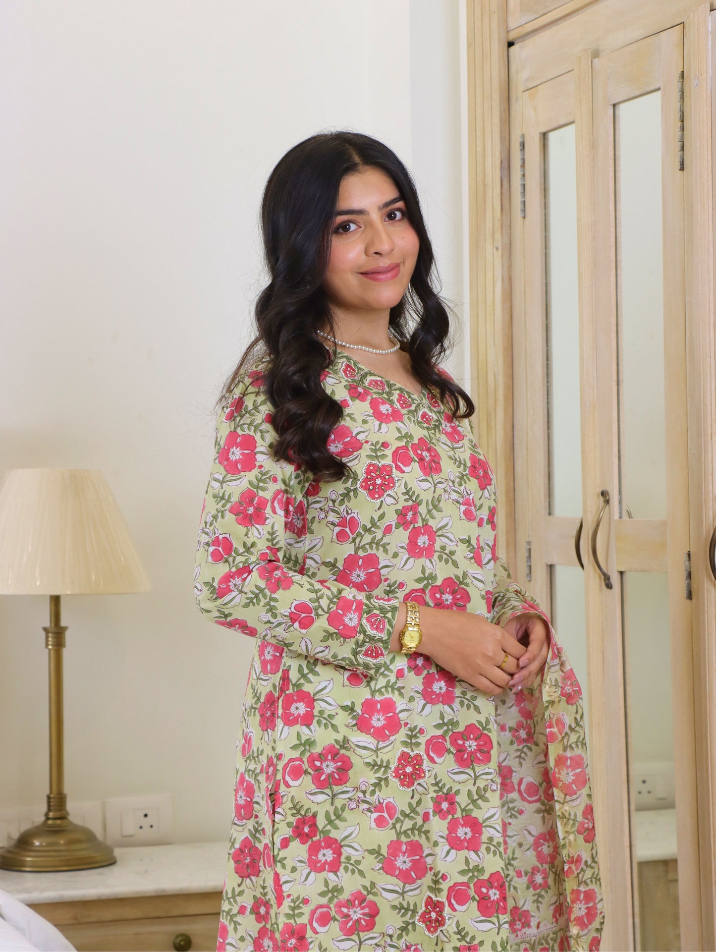 Green Hibiscus Short Straight Kurta Set