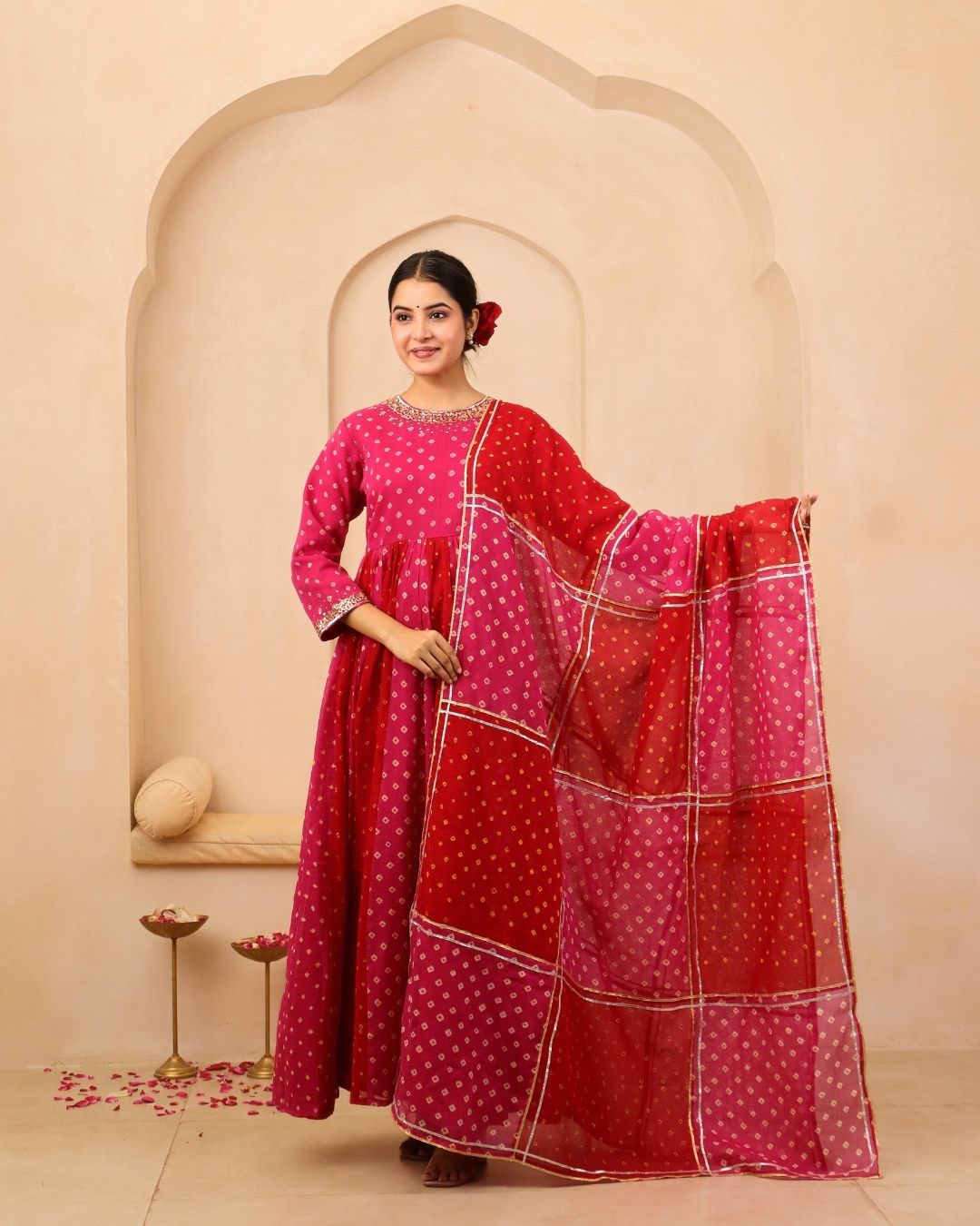 Ruhani - Red & Pink Bandhani Hand Embroidered Anarkali Mulmul Suit - Set of 3