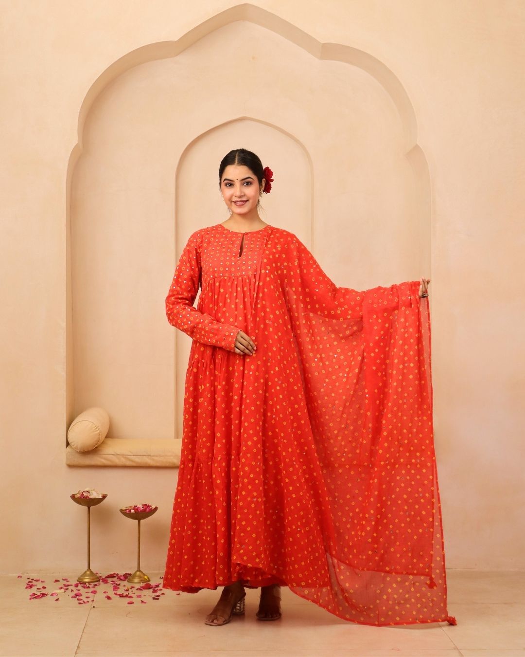 Hiteshwari - Orange Bandhani Hand Embroidered Tiered Anarkali Mulmul Suit - Set of 3