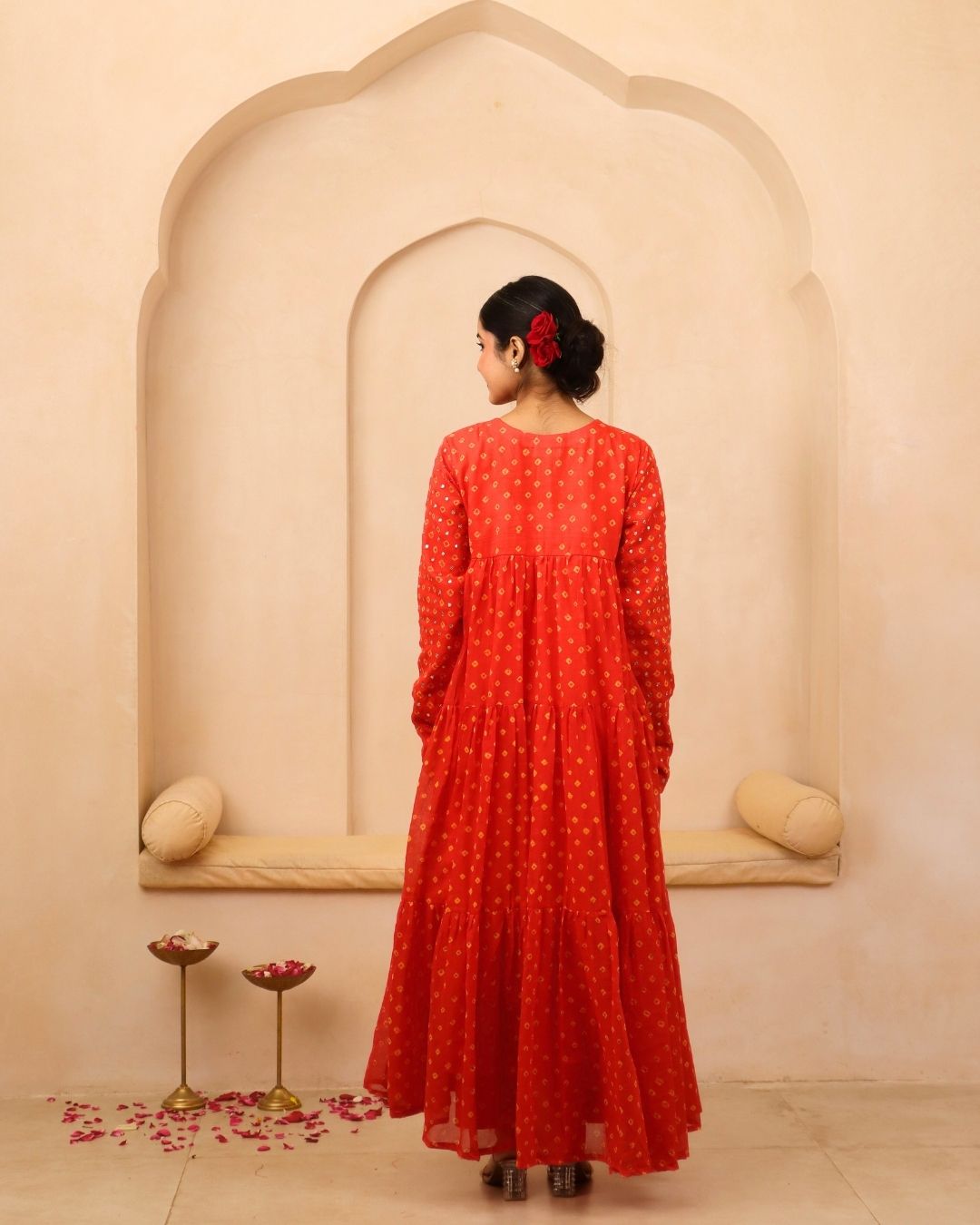 Hiteshwari - Orange Bandhani Hand Embroidered Tiered Anarkali Mulmul Suit - Set of 3