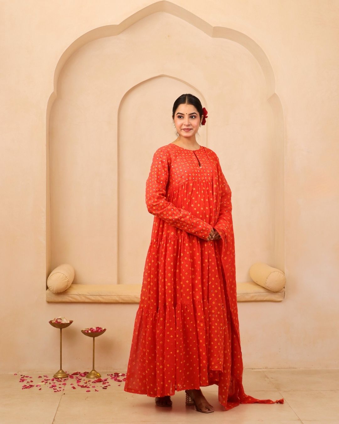 Hiteshwari - Orange Bandhani Hand Embroidered Tiered Anarkali Mulmul Suit - Set of 3