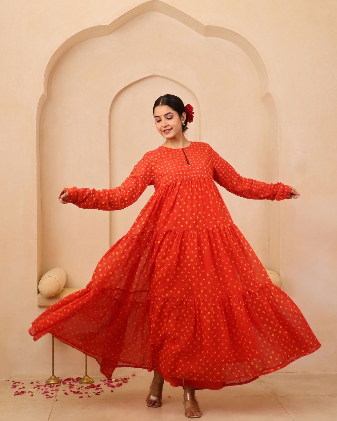 Hiteshwari - Orange Bandhani Hand Embroidered Tiered Anarkali Mulmul Suit - Set of 3