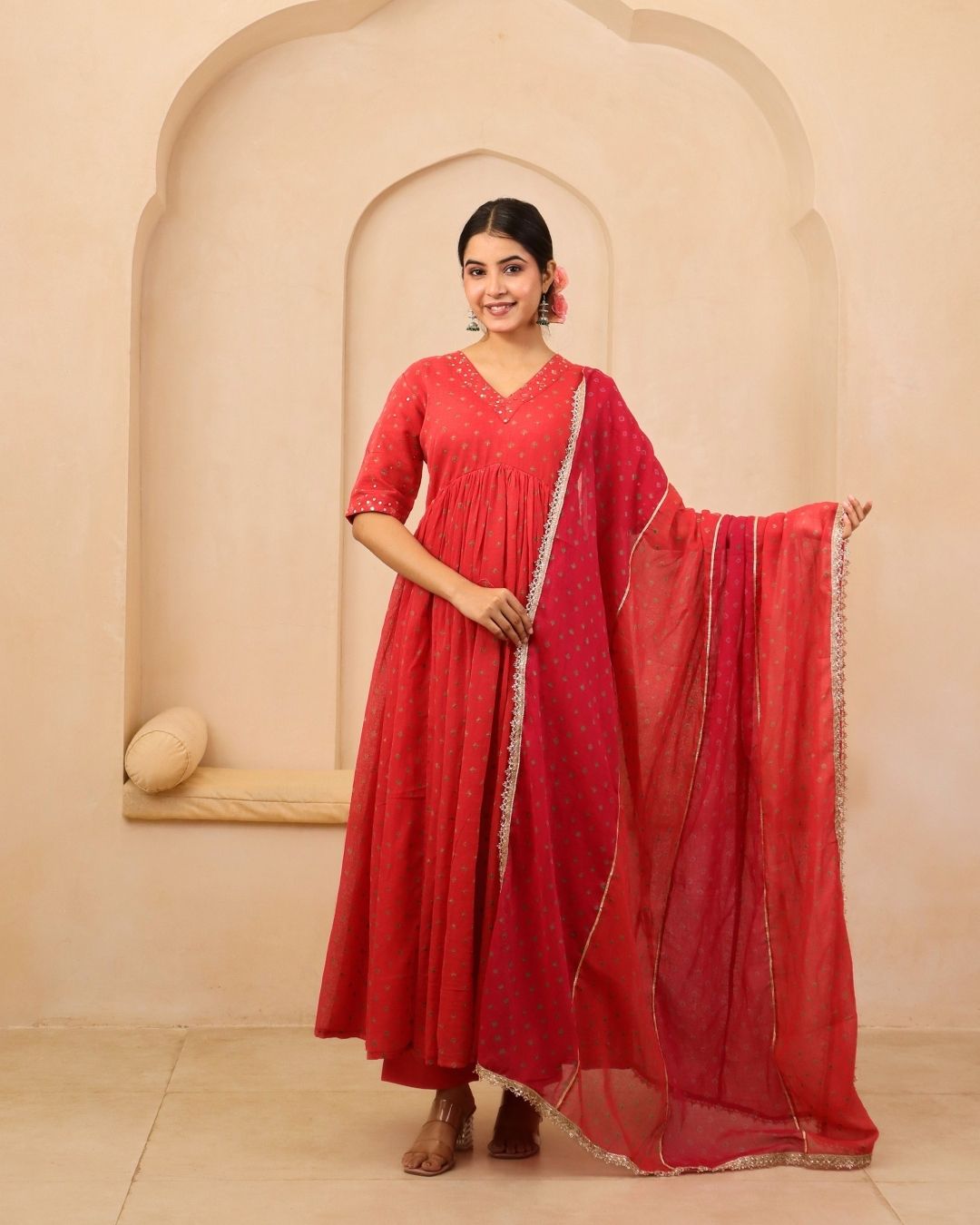 Aaranyaa - Peach & Crimson Bandhani Hand Embroidered Anarkali Mulmul Suit - Set of 3