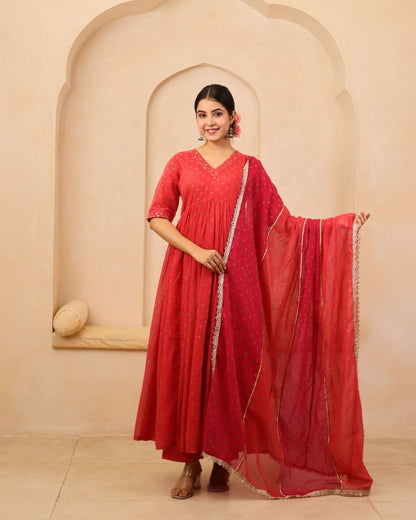 Aaranyaa - Peach & Crimson Bandhani Hand Embroidered Anarkali Mulmul Suit - Set of 3