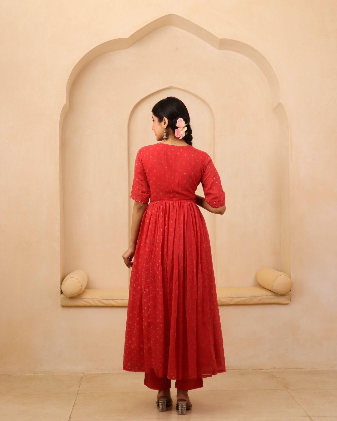 Aaranyaa - Peach & Crimson Bandhani Hand Embroidered Anarkali Mulmul Suit - Set of 3