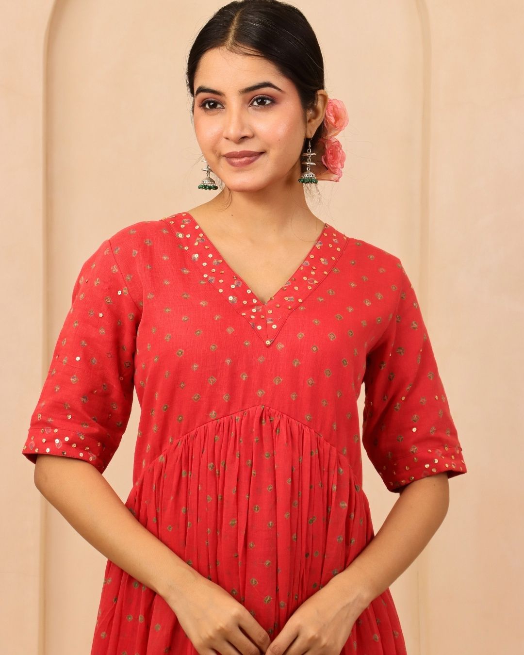 Aaranyaa - Peach & Crimson Bandhani Hand Embroidered Anarkali Mulmul Suit - Set of 3