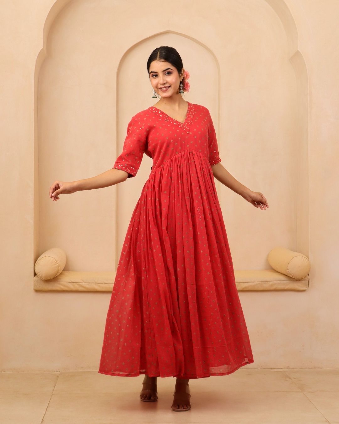 Aaranyaa - Peach & Crimson Bandhani Hand Embroidered Anarkali Mulmul Suit - Set of 3