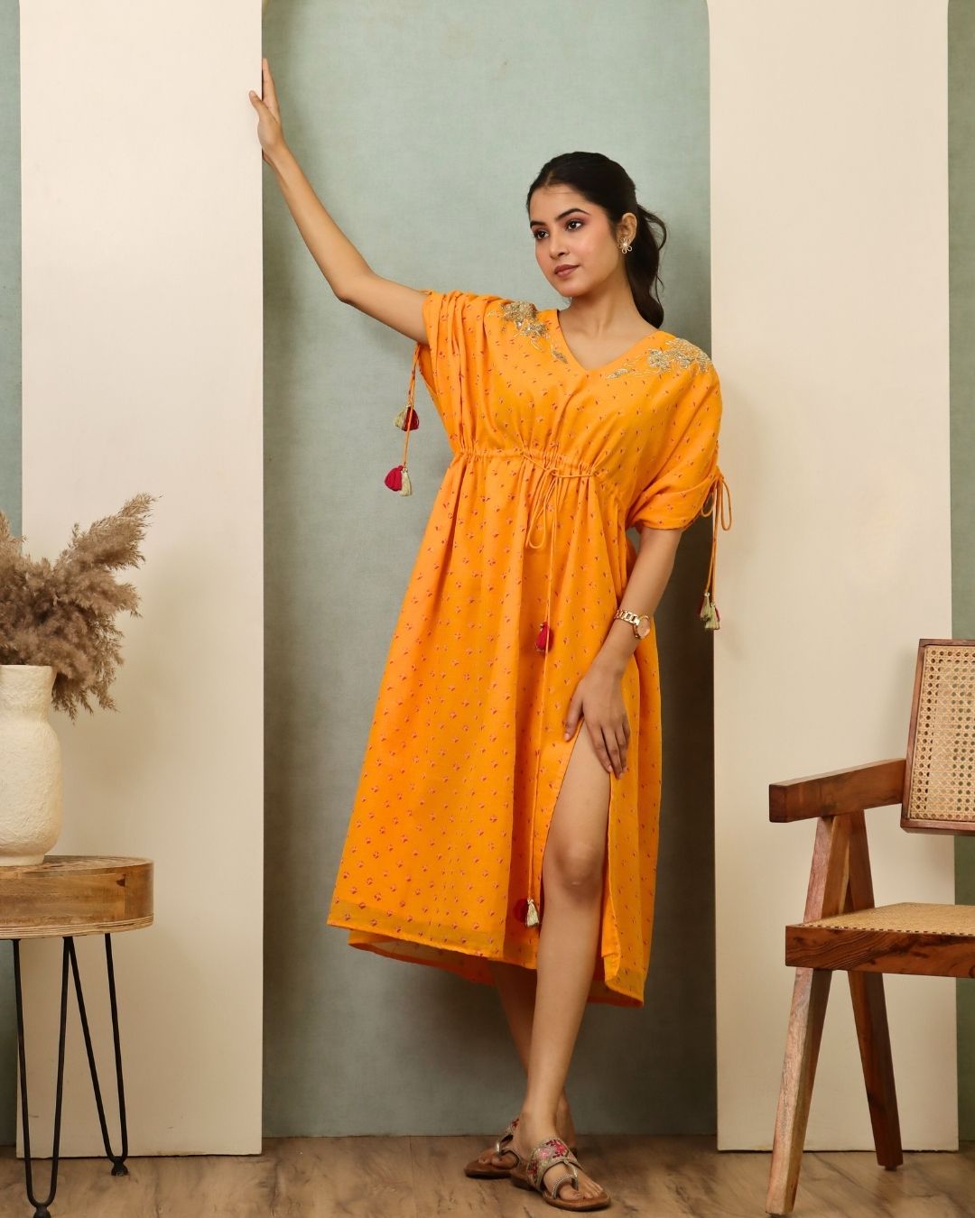 Jyotsana - Yellow Bandhani Hand Embroidered Kaftan Co-ord - Set of 2