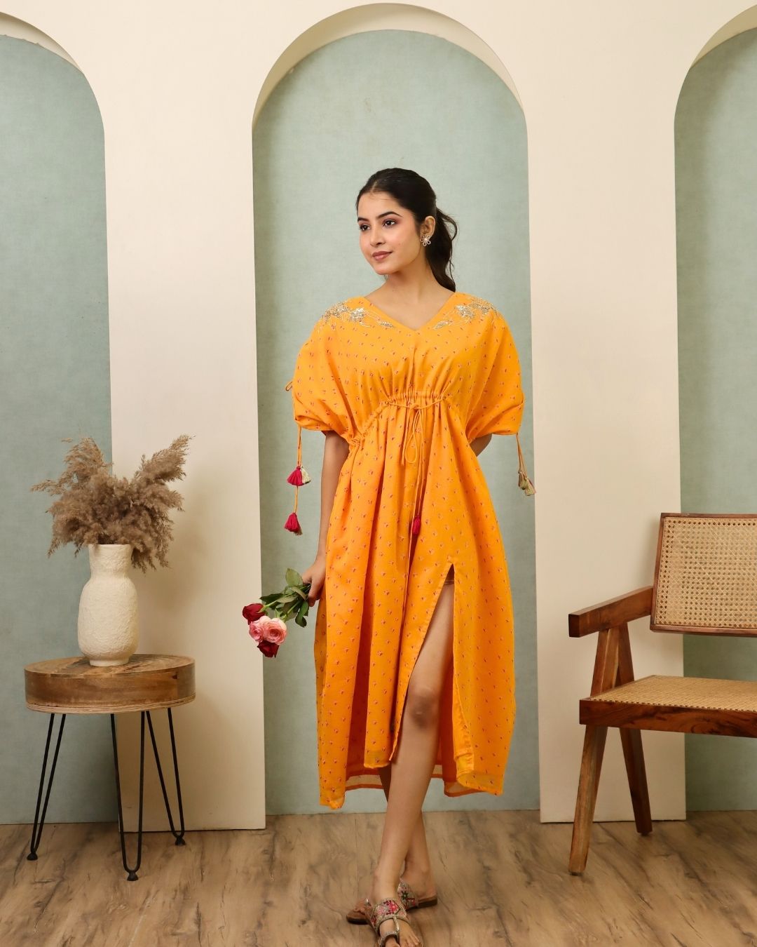 Jyotsana - Yellow Bandhani Hand Embroidered Kaftan Co-ord - Set of 2