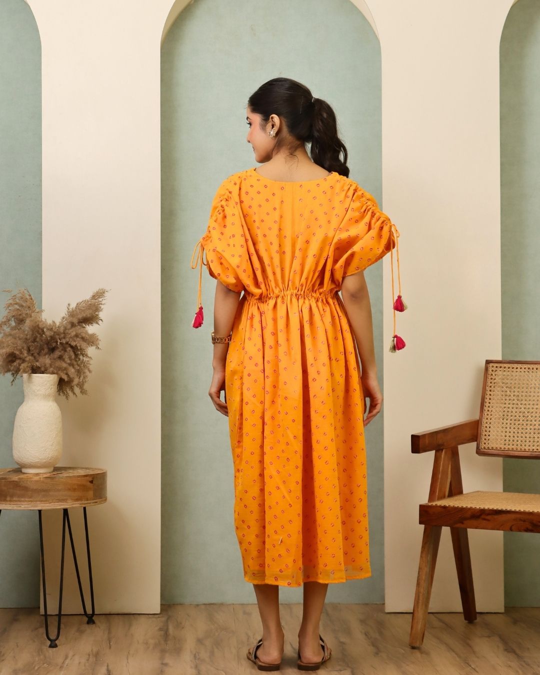 Jyotsana - Yellow Bandhani Hand Embroidered Kaftan Co-ord - Set of 2