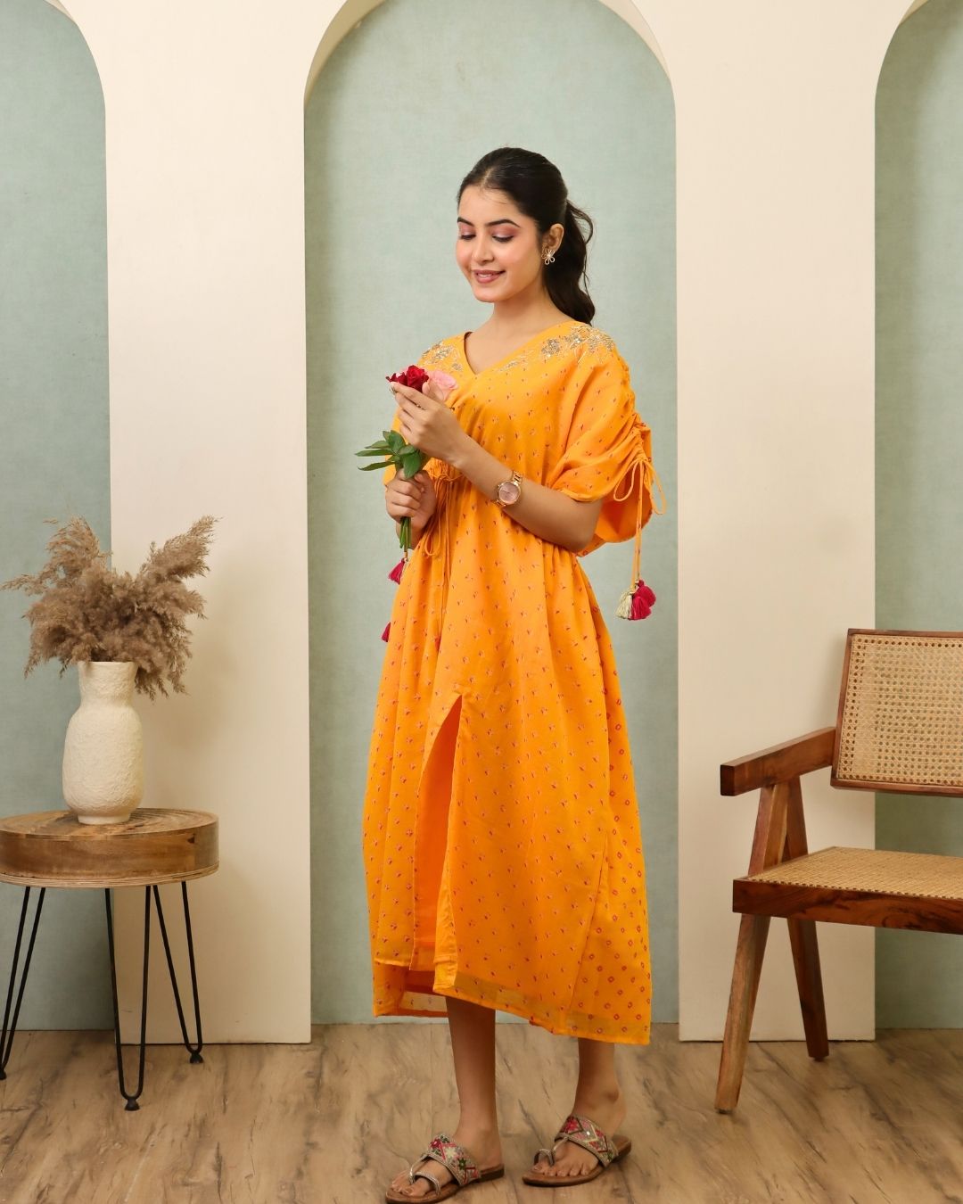 Jyotsana - Yellow Bandhani Hand Embroidered Kaftan Co-ord - Set of 2