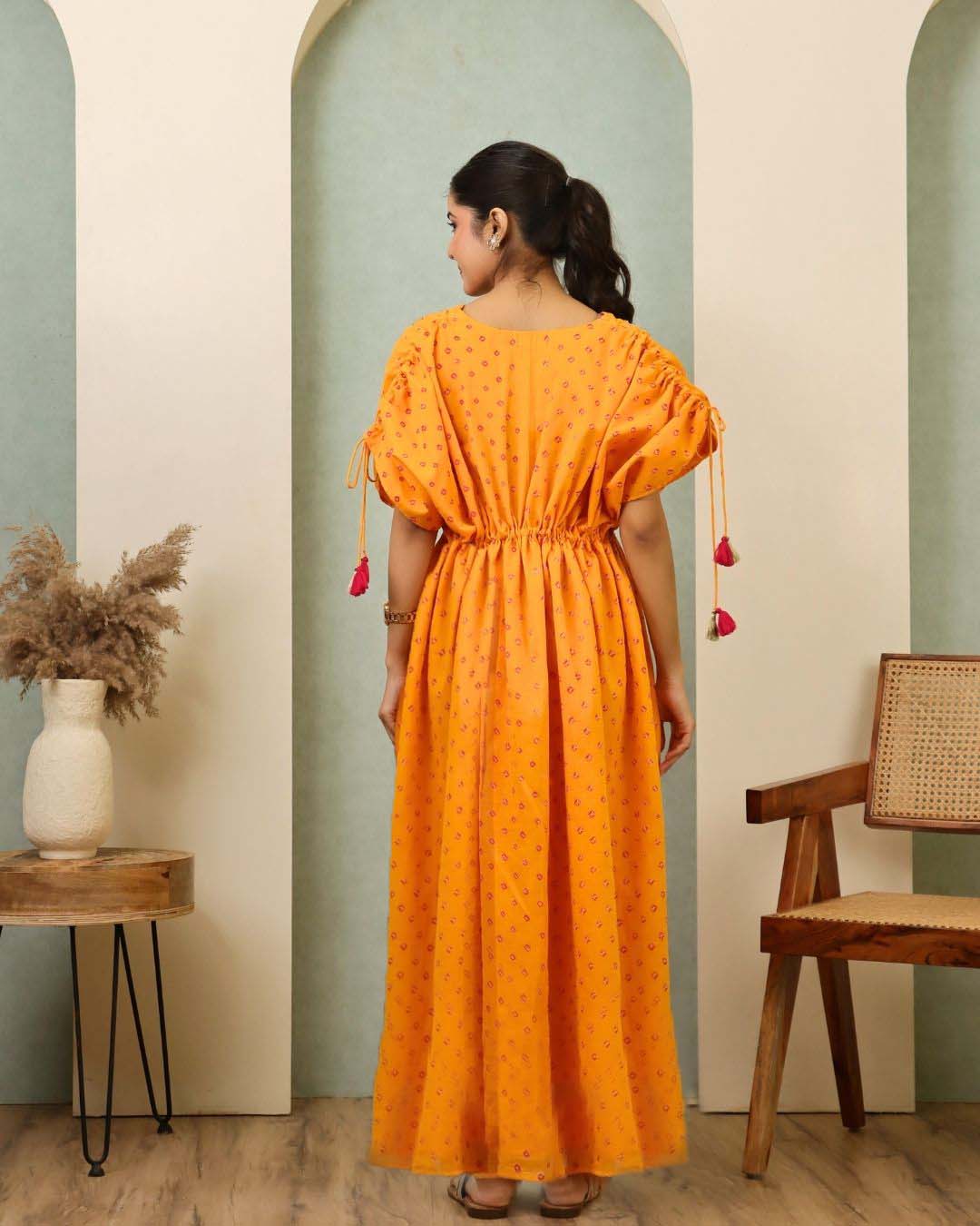 Lakshita - Yellow Bandhani Hand Embroidered Floor Length Kaftan