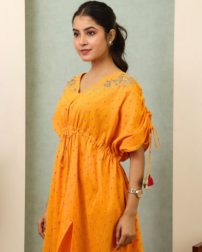 Lakshita - Yellow Bandhani Hand Embroidered Floor Length Kaftan