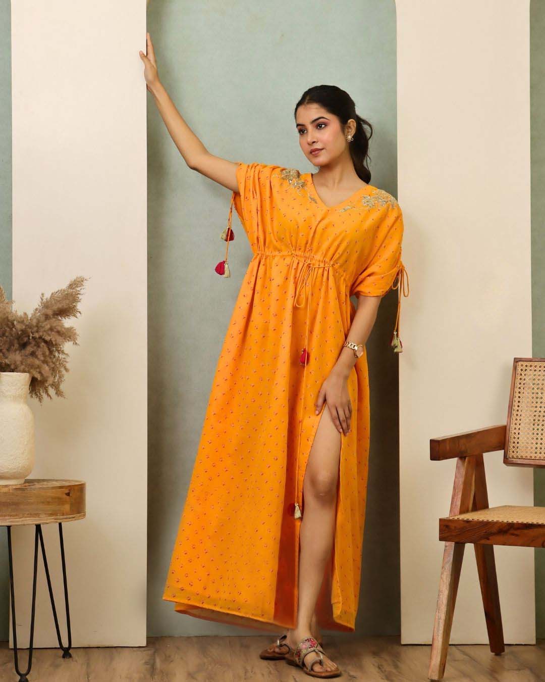 Lakshita - Yellow Bandhani Hand Embroidered Floor Length Kaftan