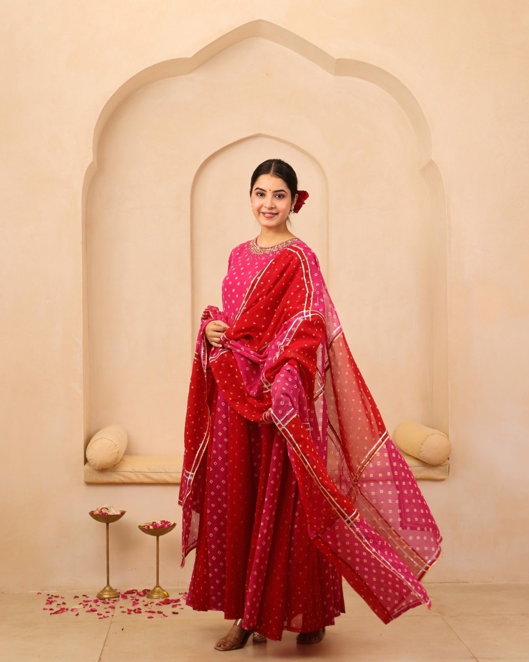 Ruhani - Red & Pink Bandhani Hand Embroidered Anarkali Mulmul Suit - Set of 3