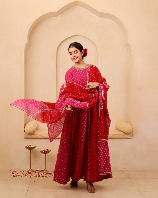 Ruhani - Red & Pink Bandhani Hand Embroidered Anarkali Mulmul Suit - Set of 3