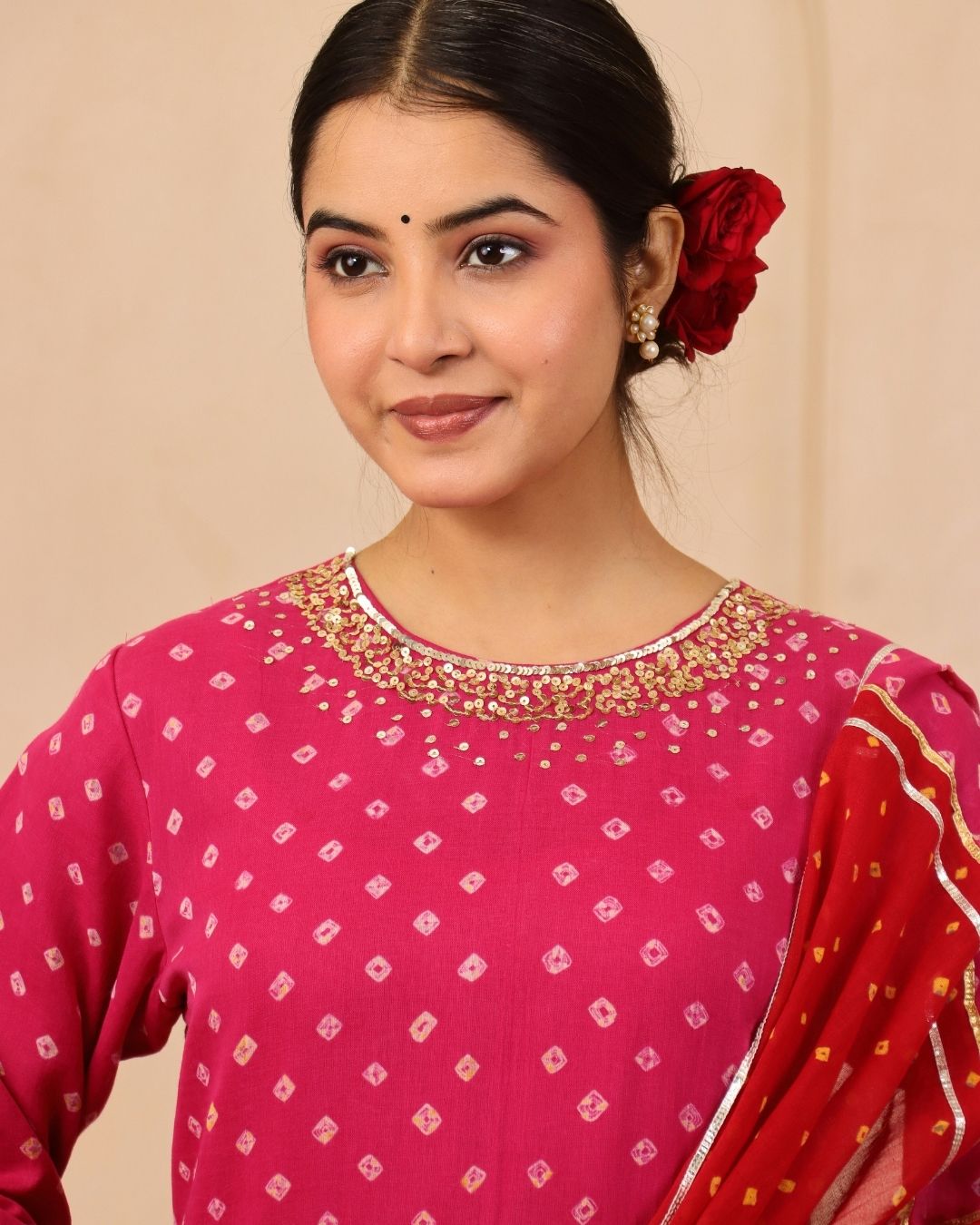 Ruhani - Red & Pink Bandhani Hand Embroidered Anarkali Mulmul Suit - Set of 3