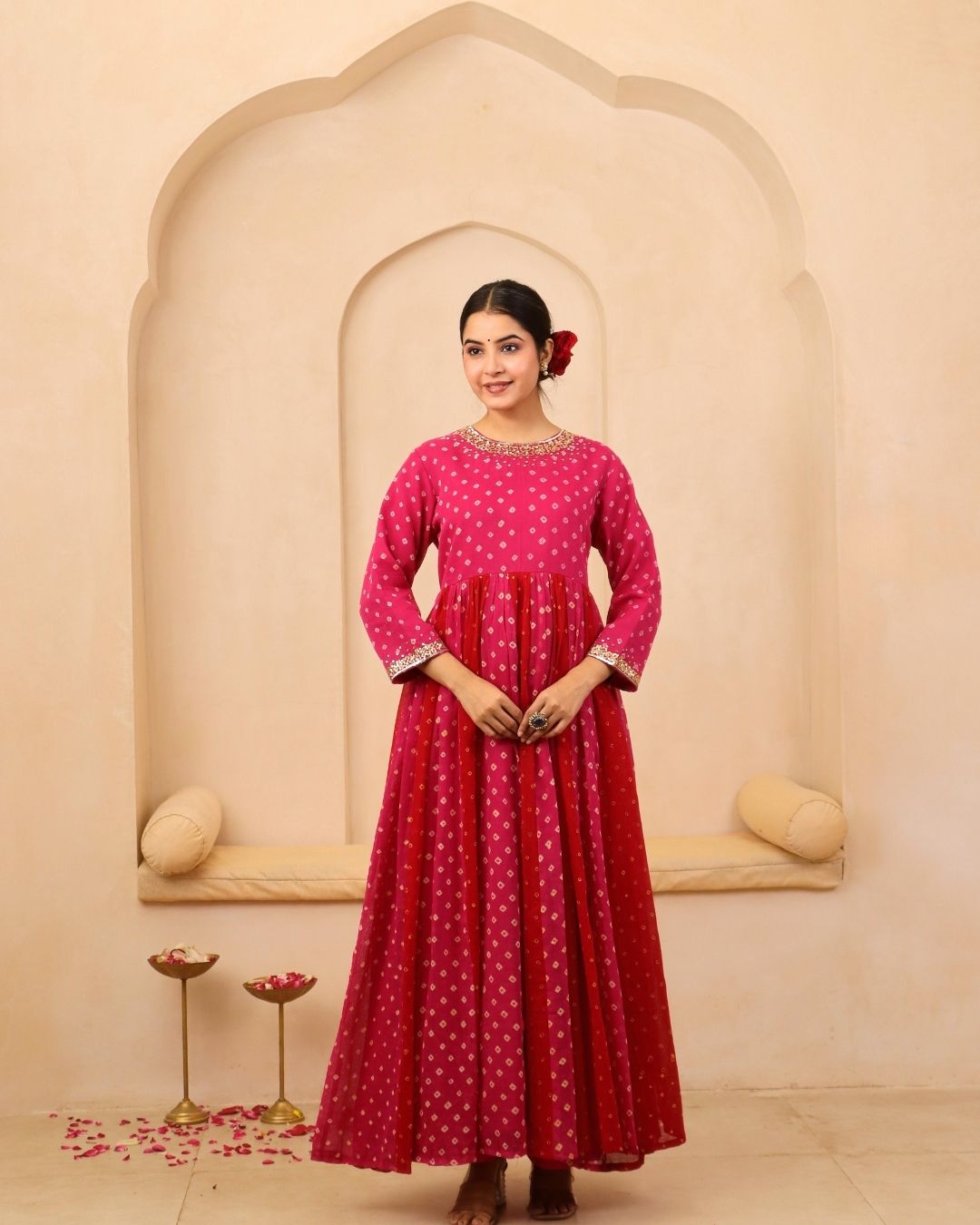 Ruhani - Red & Pink Bandhani Hand Embroidered Anarkali Mulmul Suit - Set of 3