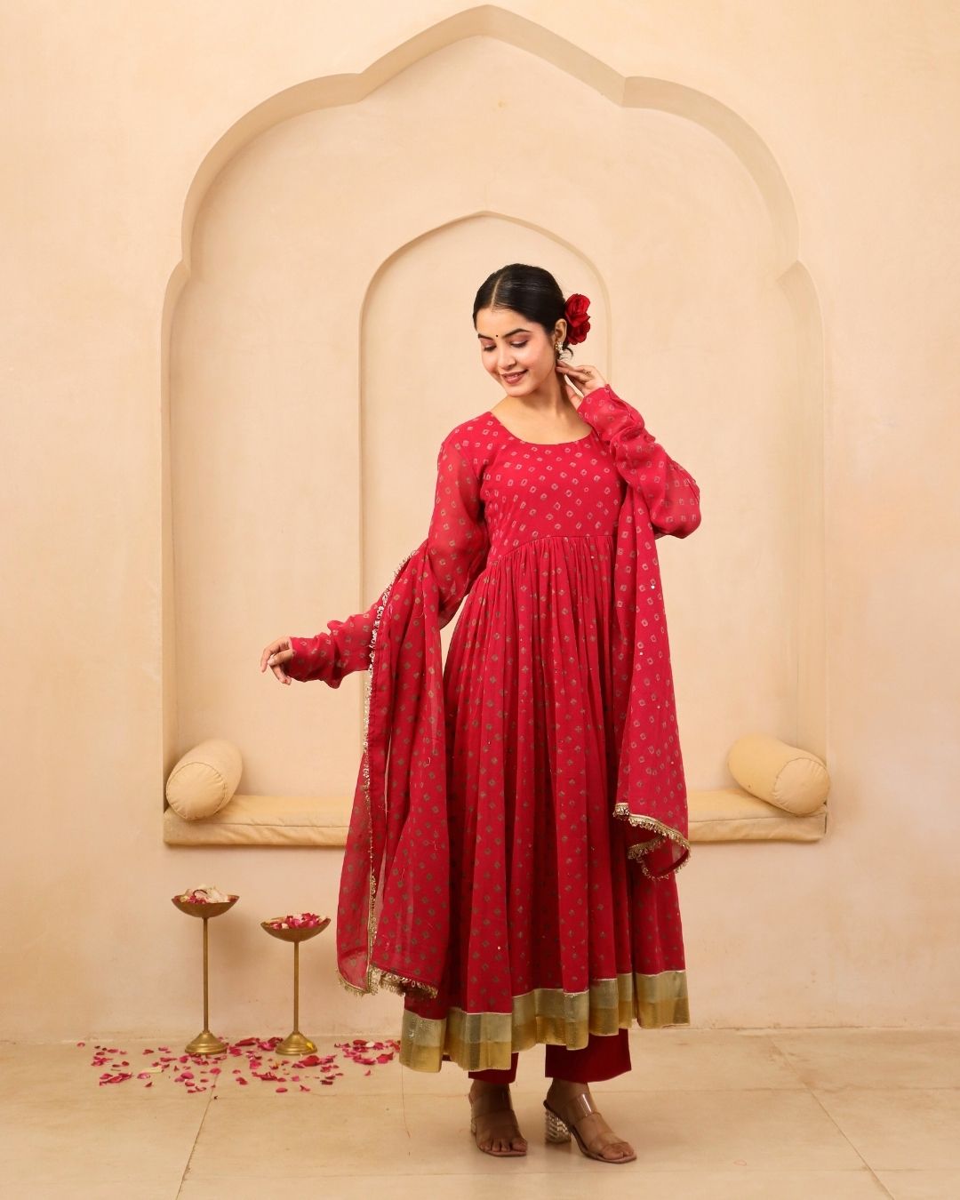 Ishira - Crimson Bandhani Hand Embroidered Anarkali Mulmul Suit - Set of 3
