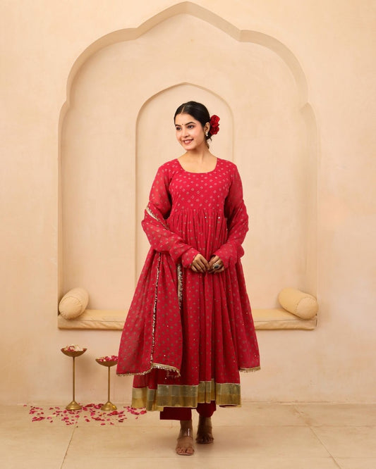 Ishira - Crimson Bandhani Hand Embroidered Anarkali Mulmul Suit - Set of 3