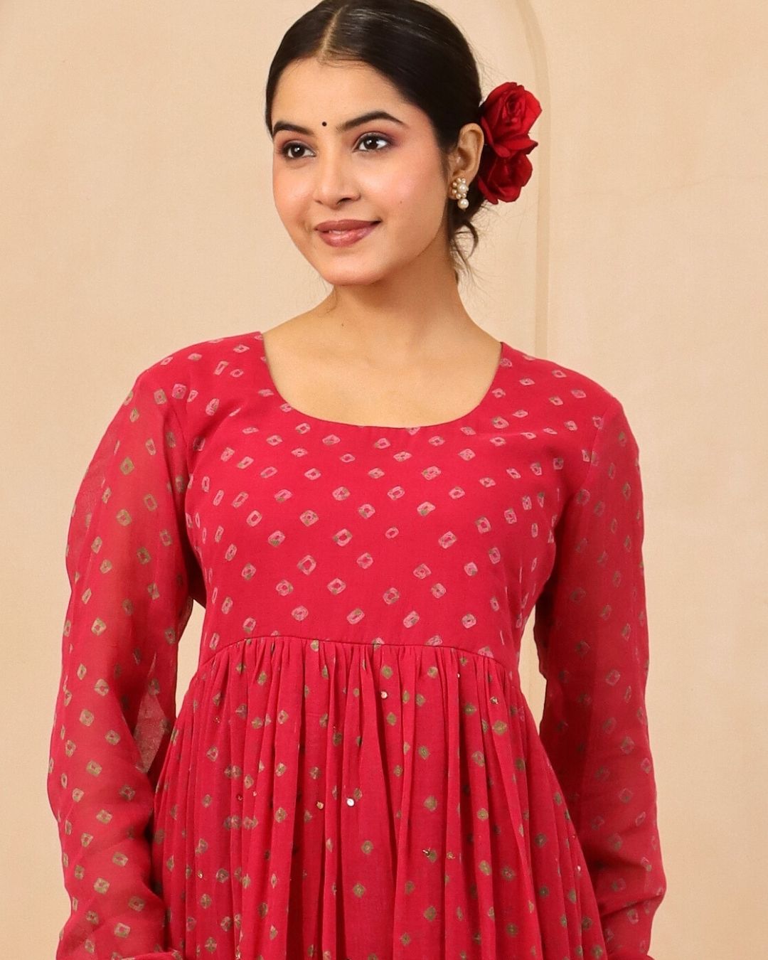 Ishira - Crimson Bandhani Hand Embroidered Anarkali Mulmul Suit - Set of 3