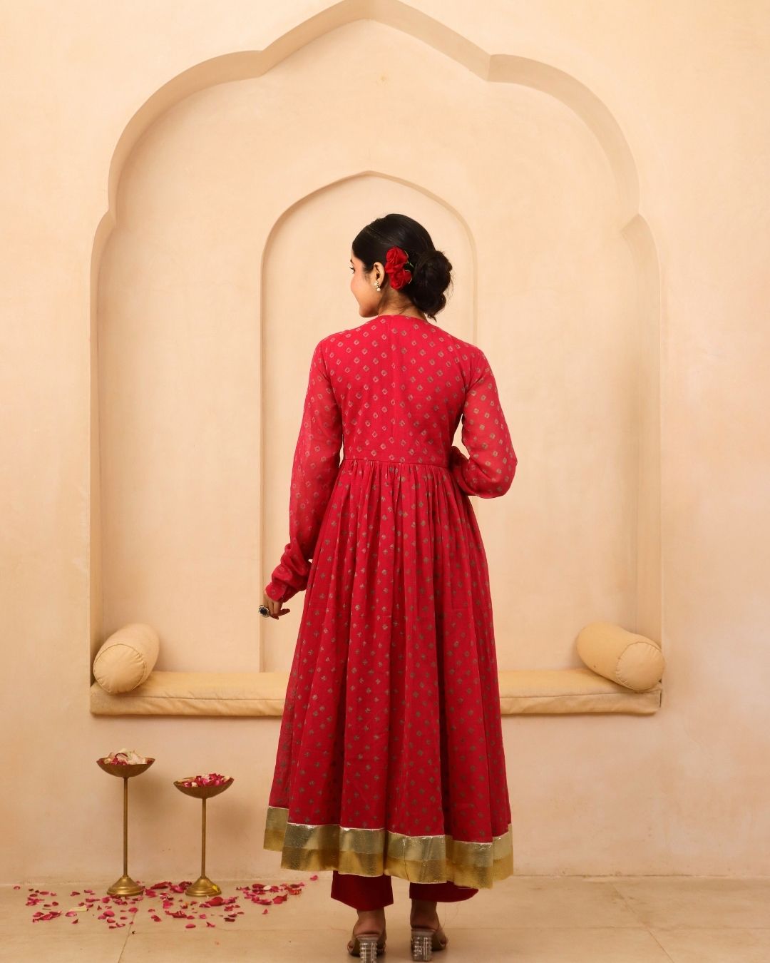 Ishira - Crimson Bandhani Hand Embroidered Anarkali Mulmul Suit - Set of 3