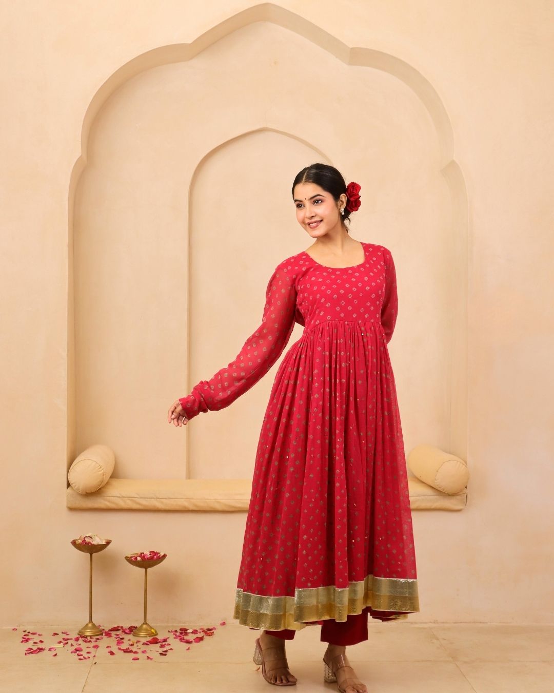 Ishira - Crimson Bandhani Hand Embroidered Anarkali Mulmul Suit - Set of 3