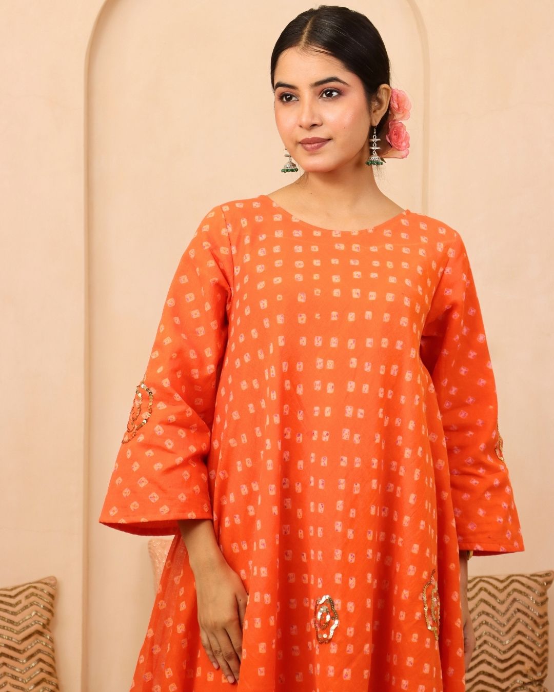 Kavya - Orange Bandhani Hand Embroidered Bias Flared Mulmul Suit - Set of 3