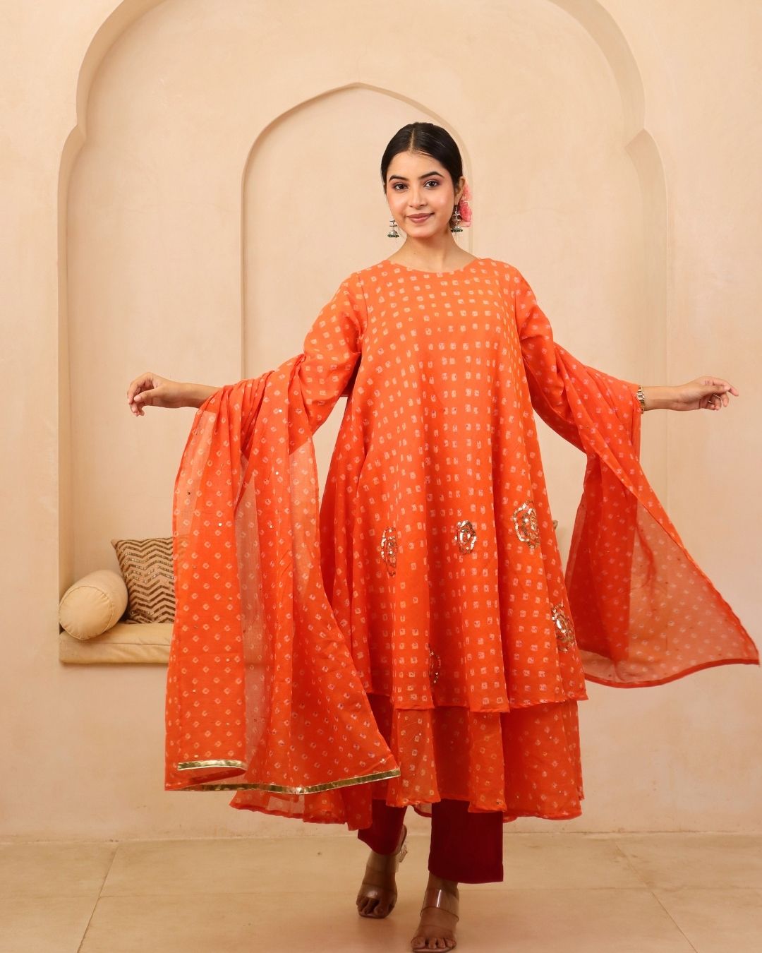 Kavya - Orange Bandhani Hand Embroidered Bias Flared Mulmul Suit - Set of 3