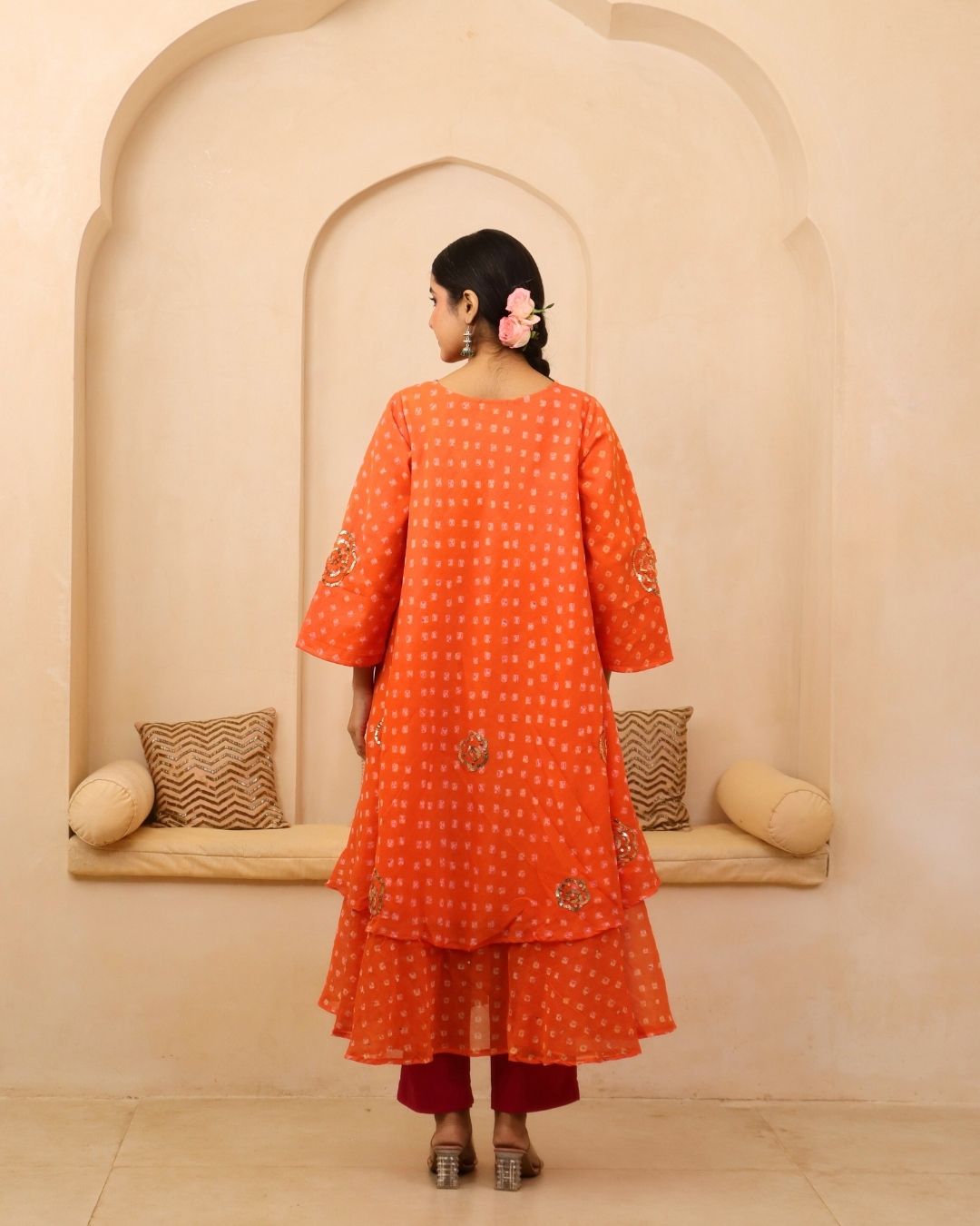Kavya - Orange Bandhani Hand Embroidered Bias Flared Mulmul Suit - Set of 3