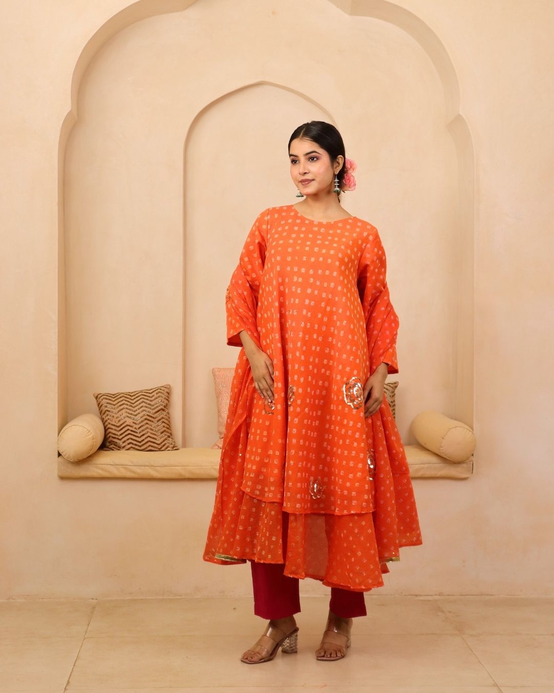 Kavya - Orange Bandhani Hand Embroidered Bias Flared Mulmul Suit - Set of 3