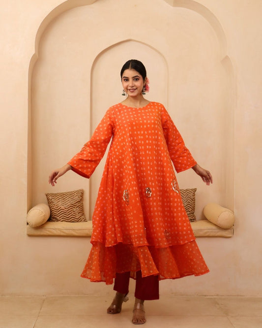 Kavya - Orange Bandhani Hand Embroidered Bias Flared Mulmul Suit - Set of 3