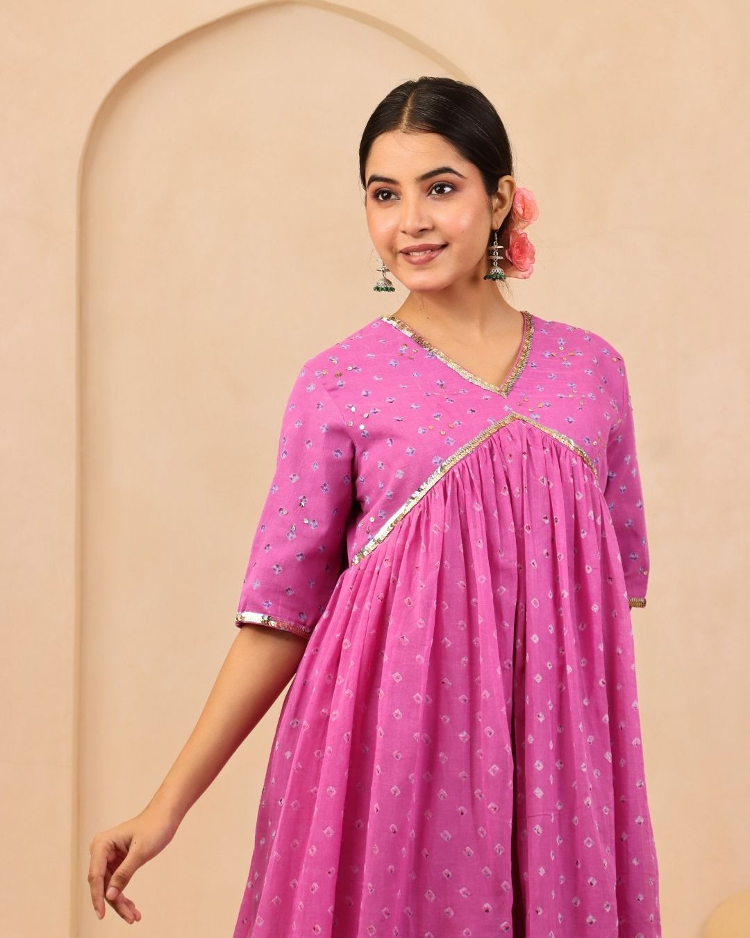 Mallika - Lavender Pink and Orange Bandhani Hand Embroidered Anarkali Fit & Flare Suit - Set of 3