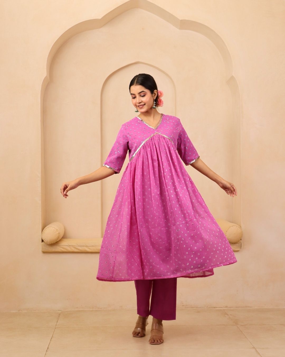 Mallika - Lavender Pink and Orange Bandhani Hand Embroidered Anarkali Fit & Flare Suit - Set of 3