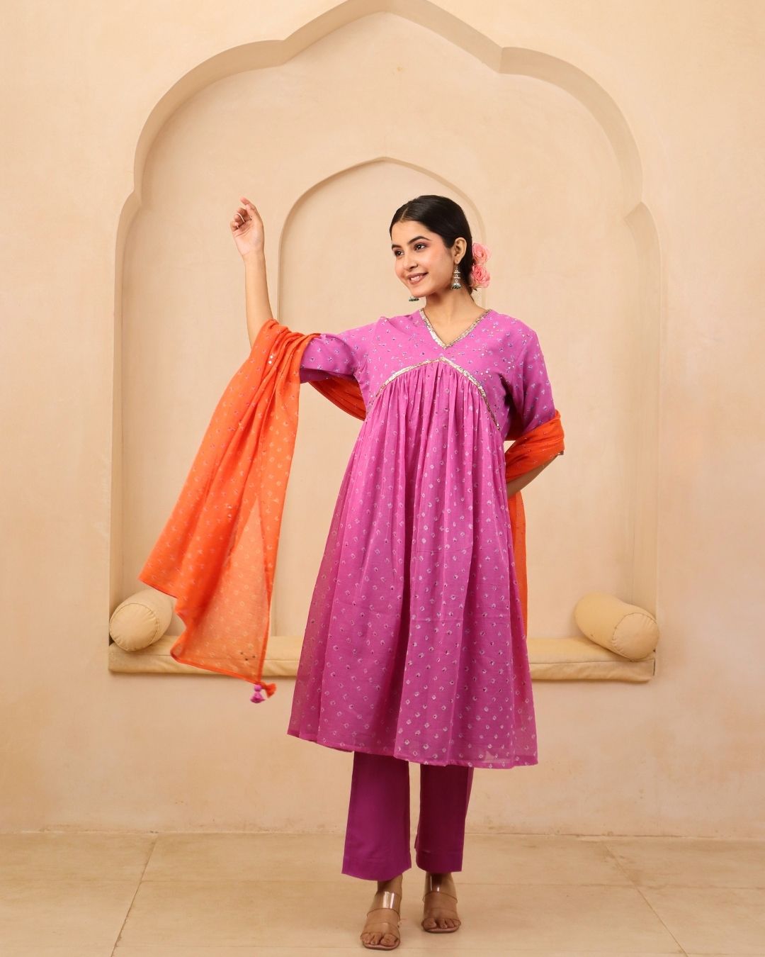Mallika - Lavender Pink and Orange Bandhani Hand Embroidered Anarkali Fit & Flare Suit - Set of 3