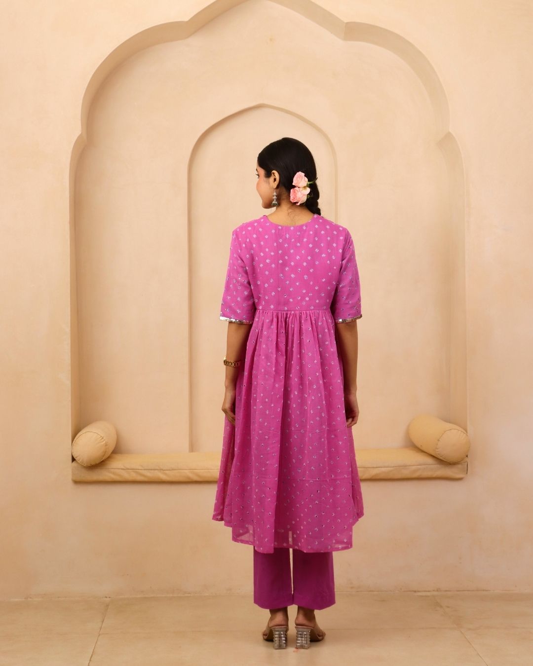 Mallika - Lavender Pink and Orange Bandhani Hand Embroidered Anarkali Fit & Flare Suit - Set of 3