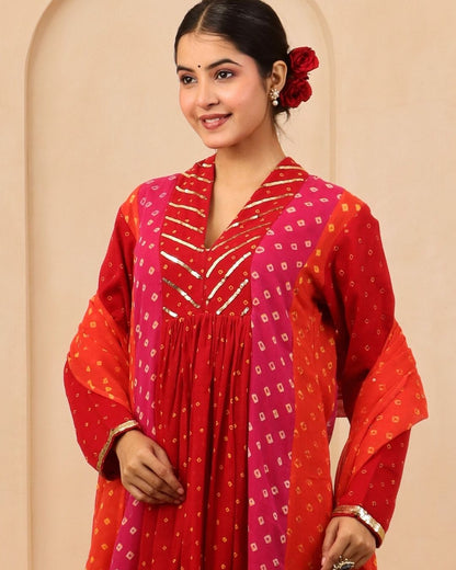 Siddheshwari - Multicolor Bandhani Hand Embroidered A-line Gathered Mulmul Suit - Set of 3