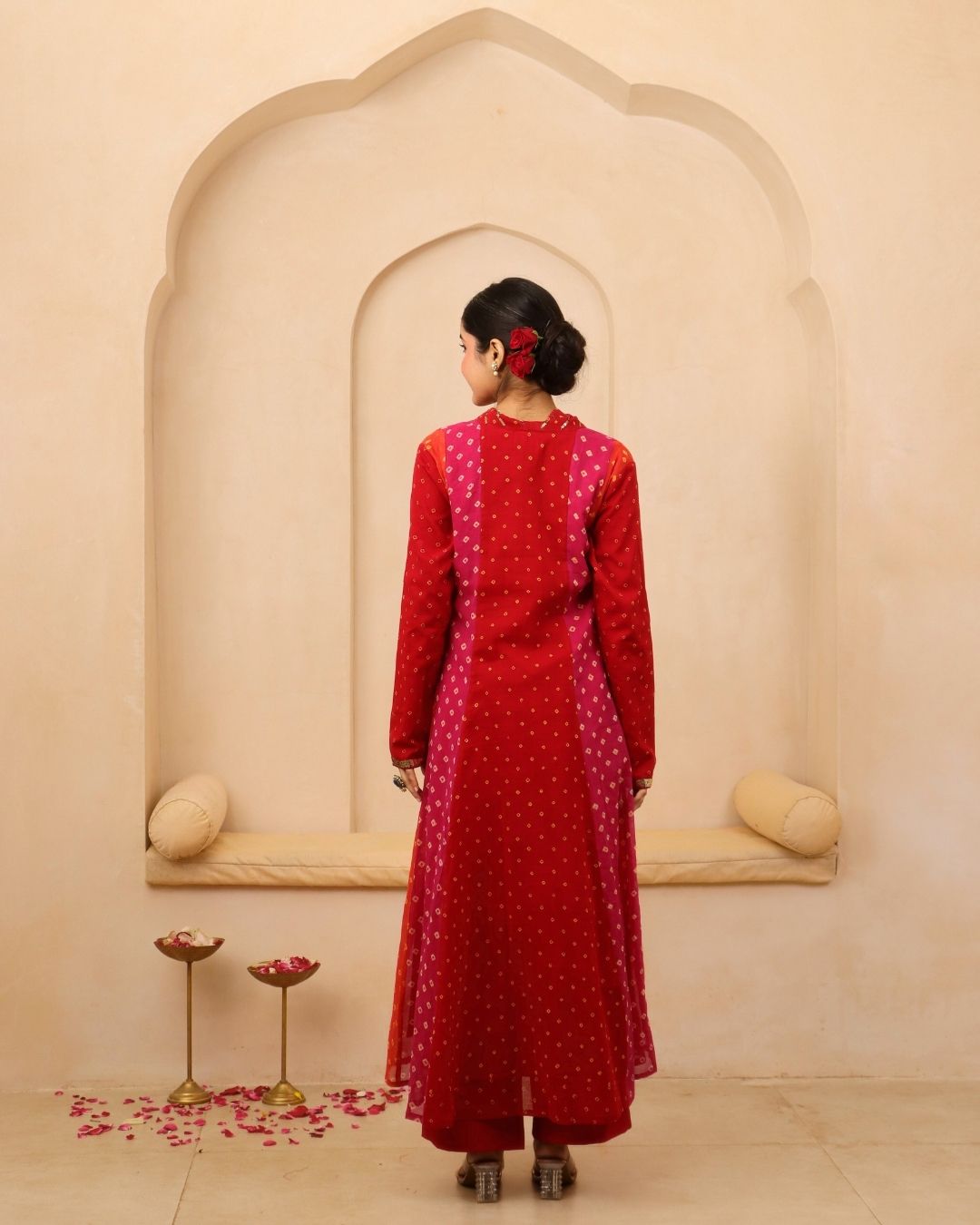 Siddheshwari - Multicolor Bandhani Hand Embroidered A-line Gathered Mulmul Suit - Set of 3