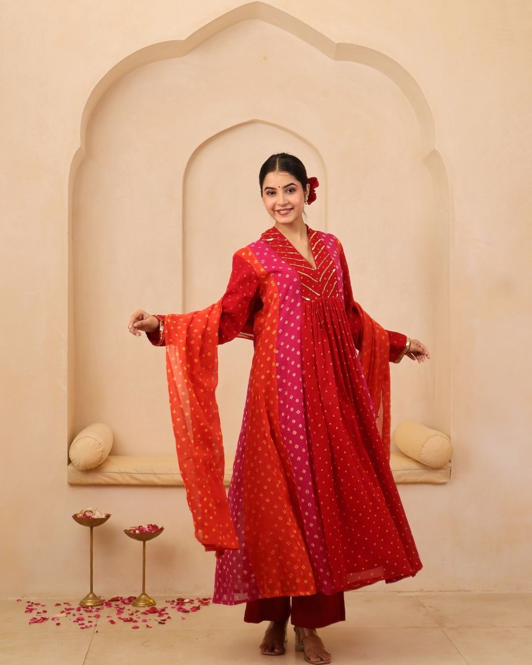 Siddheshwari - Multicolor Bandhani Hand Embroidered A-line Gathered Mulmul Suit - Set of 3